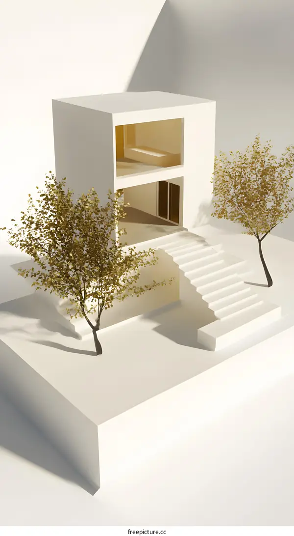 Minimalist 3D Illustration of a Modern House with Trees and Stairs