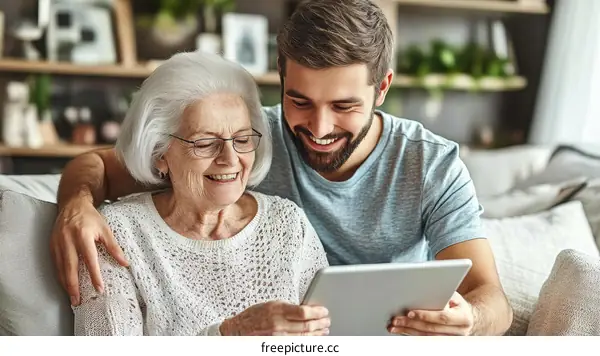 Grandmother and Grandson Sharing a Tablet