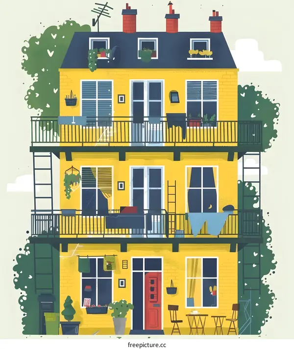 Yellow House with Balconies and Greenery