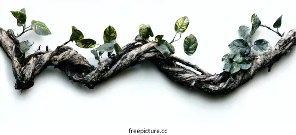 Vine Branch with Variegated Leaves on White Background