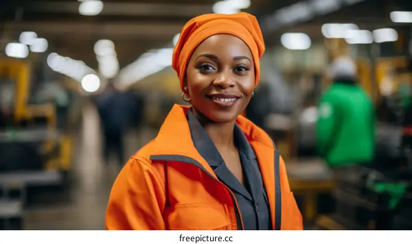 Portrait of a smiling African female worker in an industrial setting