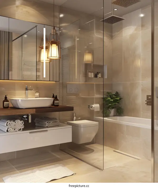Bathroom interior with beige marble tiles and large glass shower enclosure