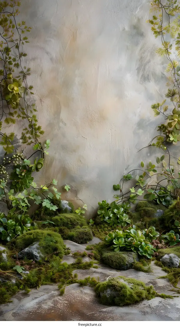 Green Mossy Stones and Plants on Grey Background