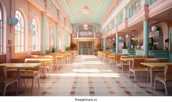 An empty restaurant with pink and blue walls and a checkered floor