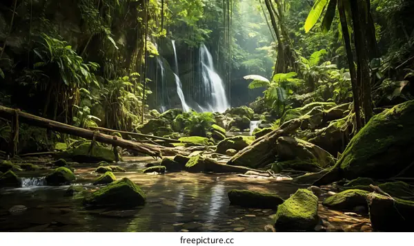 The Enchanting Beauty of Nature's Paradise: A Cascading Waterfall in the Heart of a Lush Rainforest