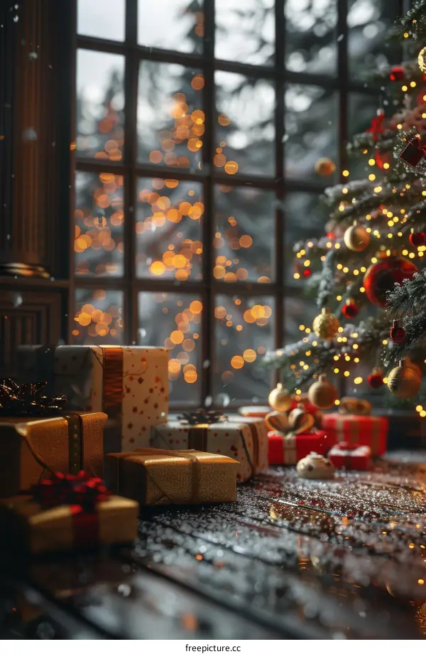 Christmas Gifts by the Window Scene Illustration