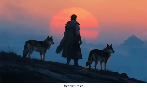 A lone figure stands with wolves at sunset on mountain top