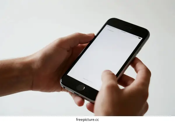 Person holding a smartphone with a blank screen in hand