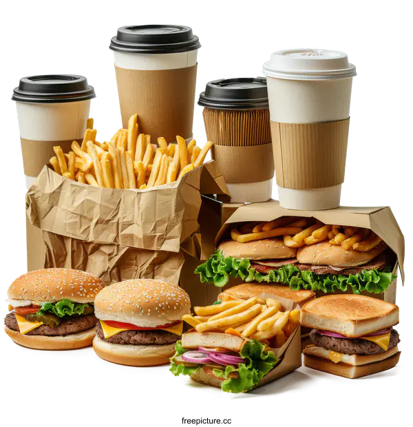 [Transparent Background PNG]Fast food and coffee cups on white background