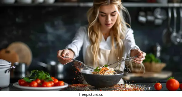 Blonde woman in white apron seasoning salad with spices in black bowl