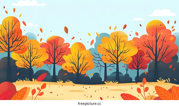 Autumn Forest Landscape Illustration With Falling Leaves