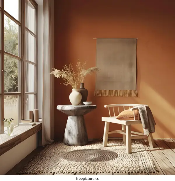 Wooden Chair and Table with Jute Rug and Vase of Dried Flowers in Boho Style Living Room