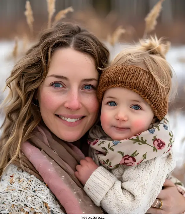 Smiling Mother Holding her Daughter in the Winter
