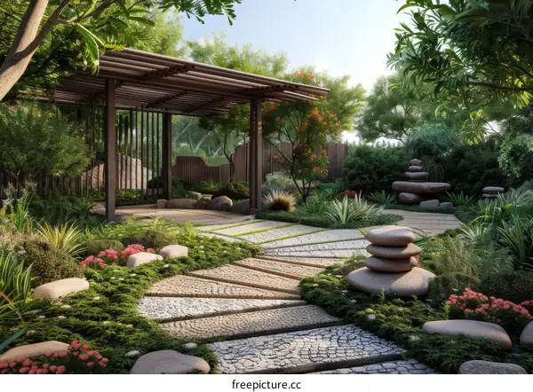 Zen Japanese Garden with Stepping Stones and Rockery