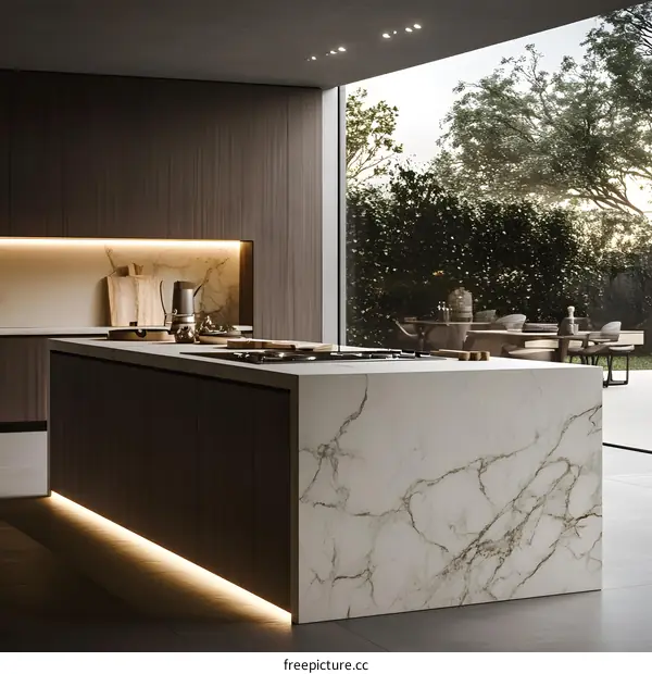 Modern Kitchen Island with Marble Countertop and Garden View