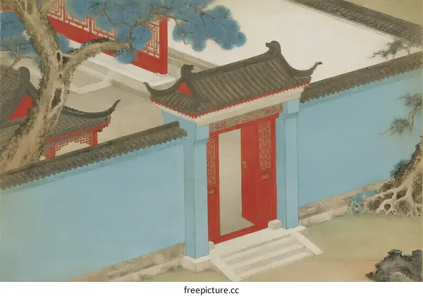 Traditional Chinese Garden Courtyard with Red Gate and Blue Wall