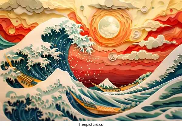 ukiyo-e style illustration of a tsunami