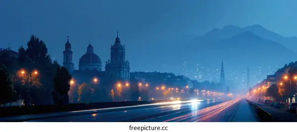 Cityscape at Night with Light Trails