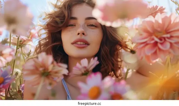 Close-up portrait of a beautiful young woman with freckles on her face, standing in a field of flowers