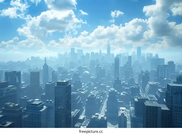 Cityscape of a bustling metropolis with skyscrapers reaching the sky