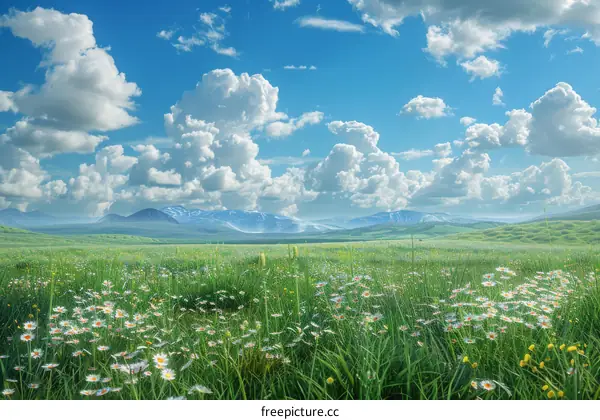 White daisies bloom at the foot of the mountain