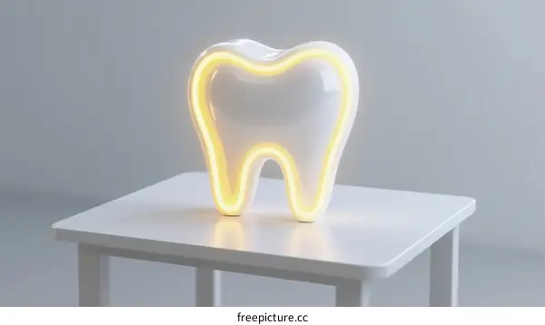 A glowing tooth-shaped light fixture on a white table