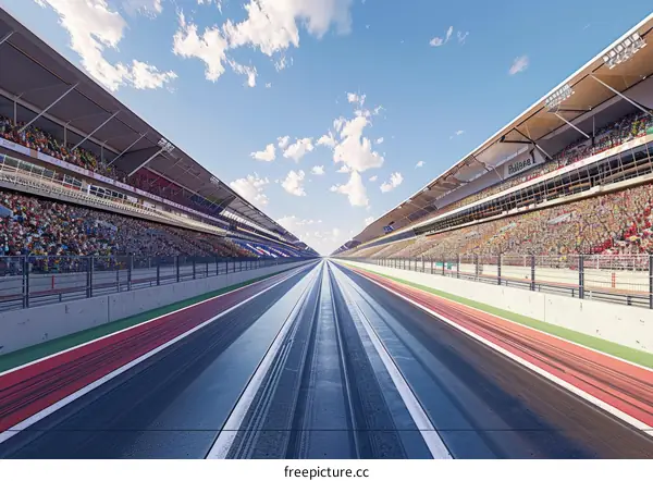 A long and empty racetrack with grandstands on both sides