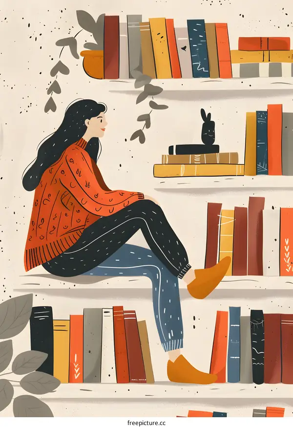Woman Sitting on Bookshelf with Books and Plant
