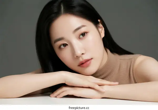 Portrait of Young Asian Woman with Long Black Hair Leaning Forward