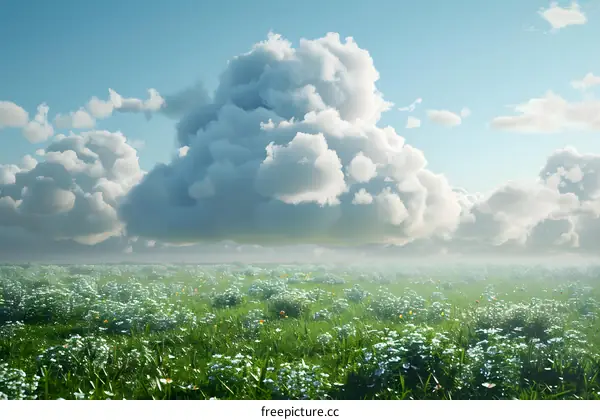 White clouds in the sky and flowers on the grass