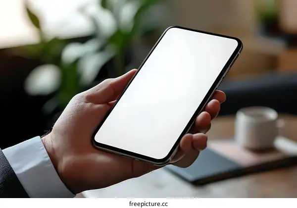 Businessman Holding Smartphone Mockup in Cafe