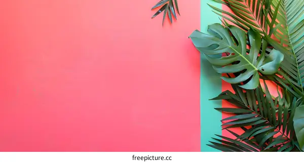Pink and Green Tropical Leaves Background