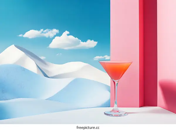 Glass of Pink Drink Against a Minimalist Mountain Landscape