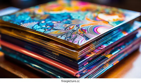 A stack of printed circuit boards with colorful patterns
