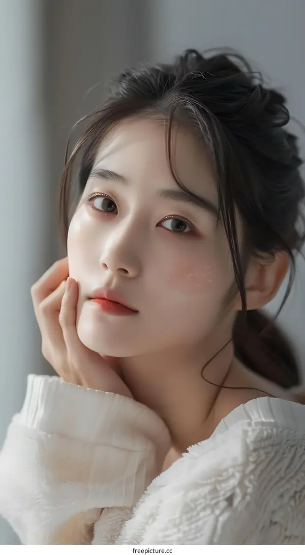 Portrait of a Young Asian Woman in a White Sweater