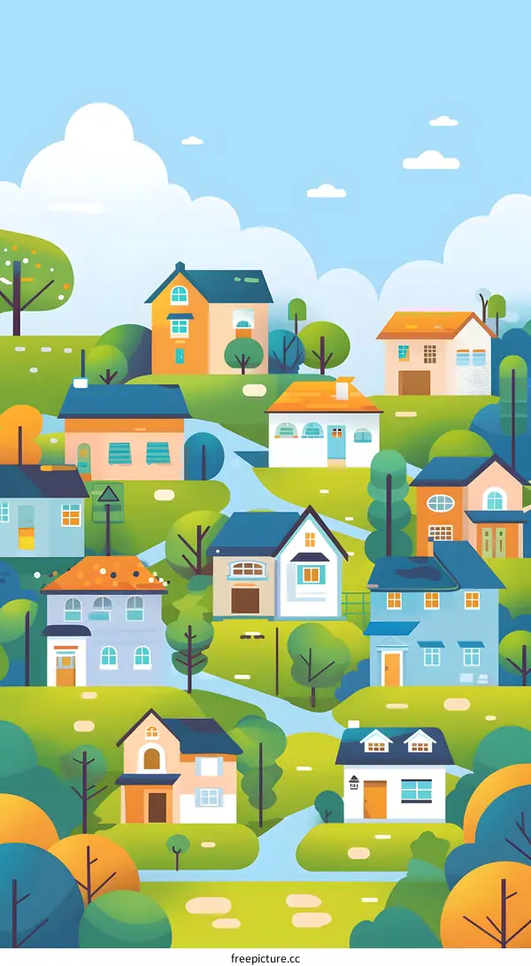 Cartoon Illustration of a Village with Colorful Houses