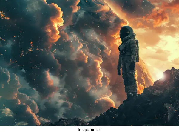 Astronaut Standing on a Rocky Planet Surface with a Dramatic Sky