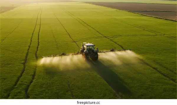 Tractor Spraying Pesticide on Green Agricultural Field at Sunset