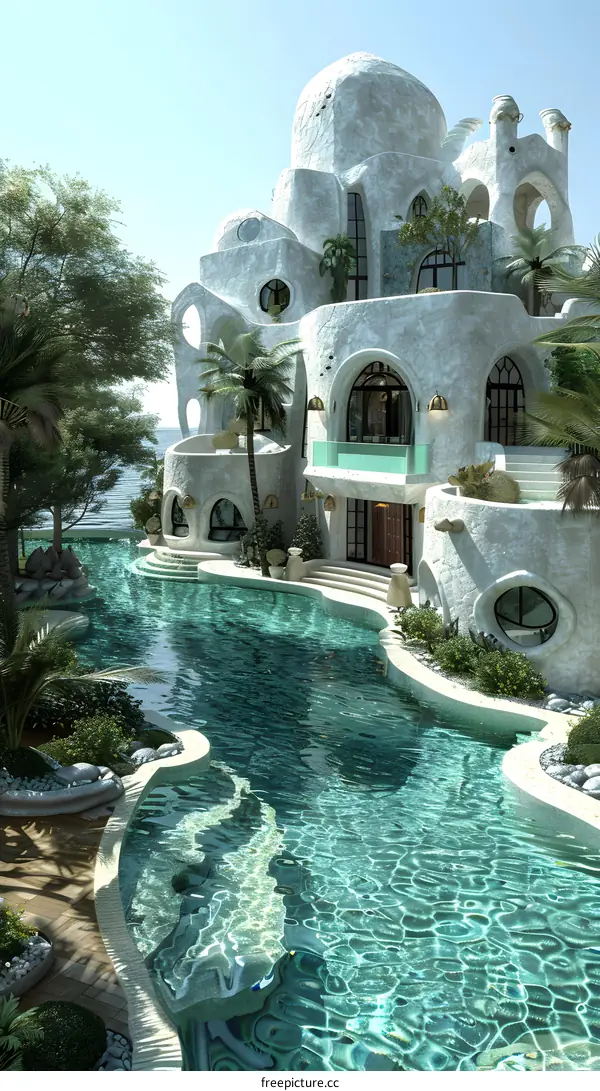 Futuristic luxury villa with pool and tropical garden