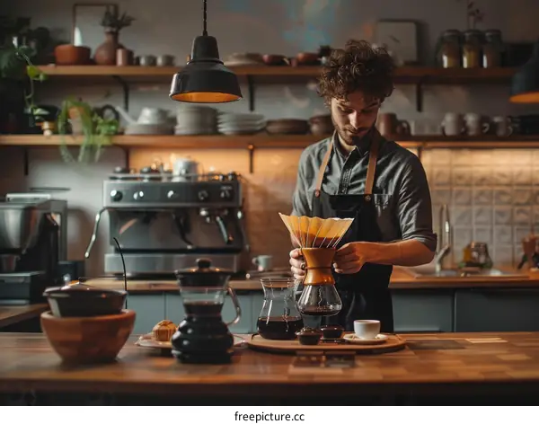 Barista making pour-over coffee in a coffee shop