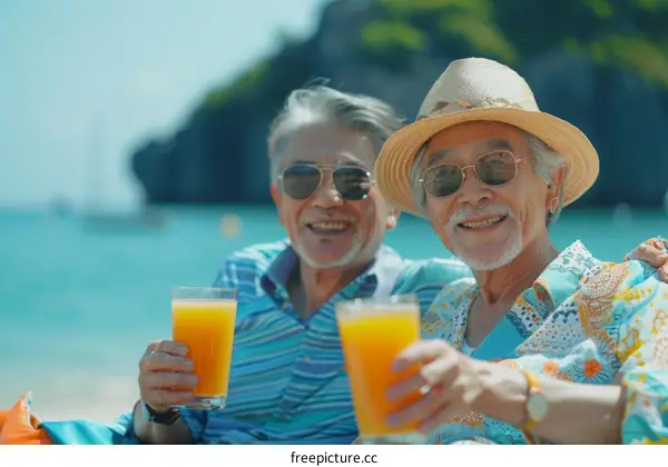 Two elderly Asian men on a beach vacation drinking juice and smiling
