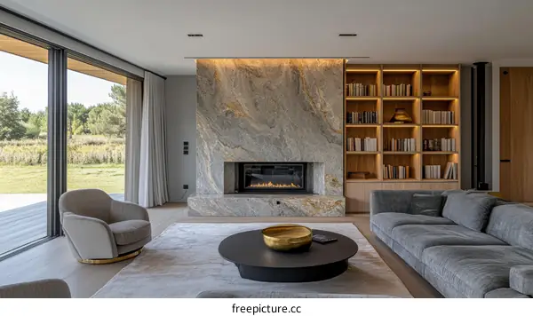 Modern Living Room with Stone Fireplace and Built-in Bookshelves