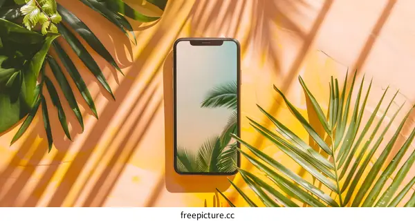 Smartphone on a Summery Background with Palm Leaves