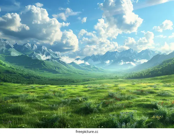 Expansive Grassland Landscape with Mountains and Sky