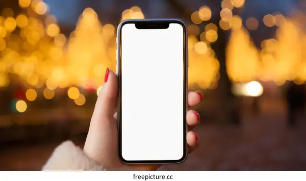 Woman holding a smartphone with a blank screen in the city at night
