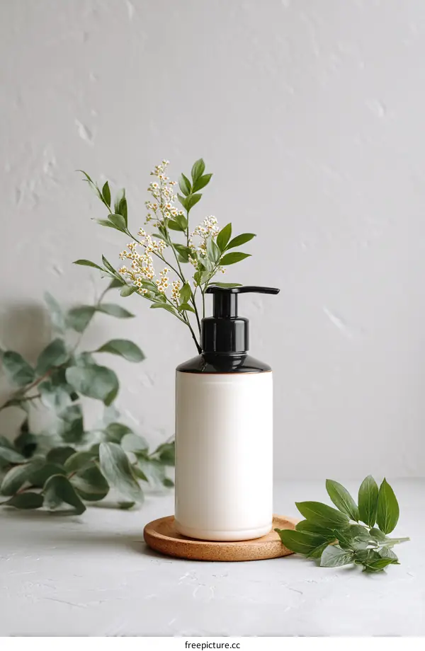 Creamy White Lotion Bottle with Greenery Arrangement