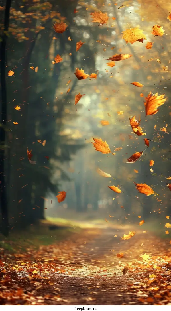 Colorful autumn leaves falling in a forest