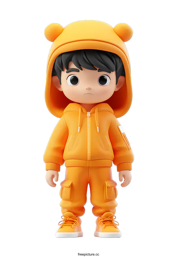 [Transparent Background PNG]3D Boy Character in Orange Hoodie