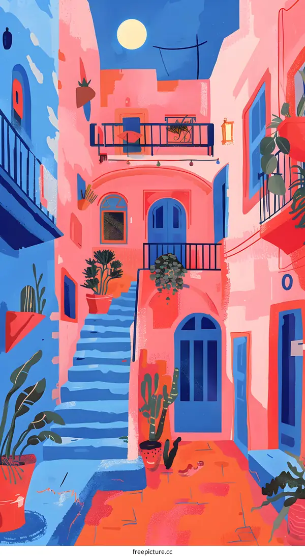 Blue and Red Mediterranean Style Illustration of an Alley with Stairs and Plants