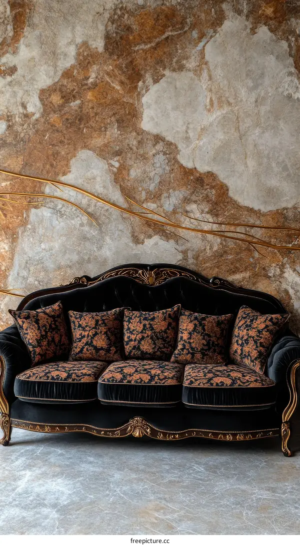 Vintage Black Sofa Against Rustic Wall